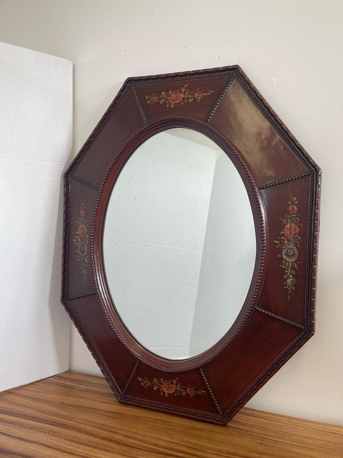 Mid-Century Modern Vintage Wood Framed Octagonal Mirror With Floral Motif by Windsor Art For Sale
