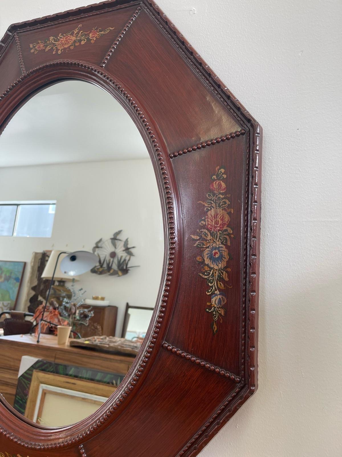 Vintage Wood Framed Octagonal Mirror With Floral Motif by Windsor Art In Good Condition For Sale In Seattle, WA