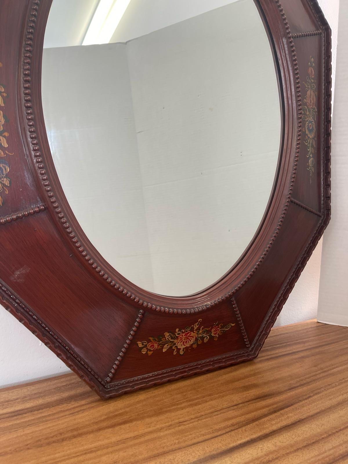 Late 20th Century Vintage Wood Framed Octagonal Mirror With Floral Motif by Windsor Art For Sale