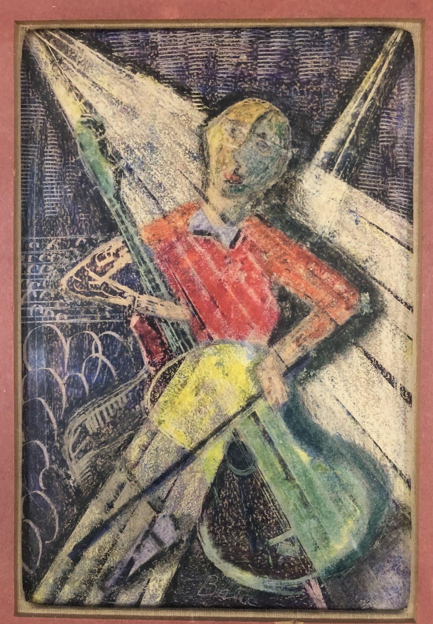 Vintage Wood Framed pastel print by artist Bala.

This painting with reminiscencies of a Picasso style signed by artist Bala depicts a man playing what it looks like a cello, against an abstract background. It has been mounted on cardboard and wood