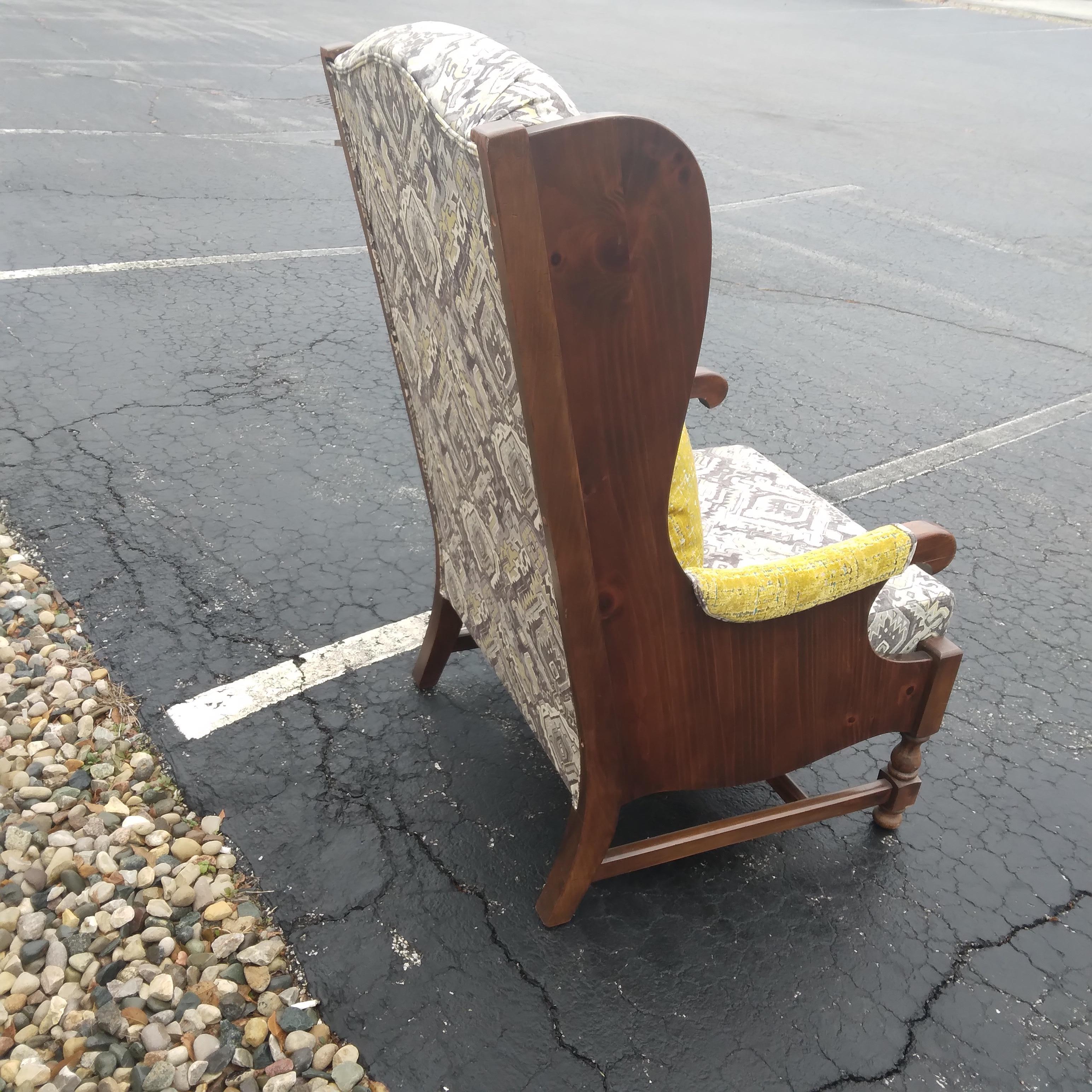 Bohemian Vintage Wood-Framed Wingback Chair in Gray & Yellow For Sale