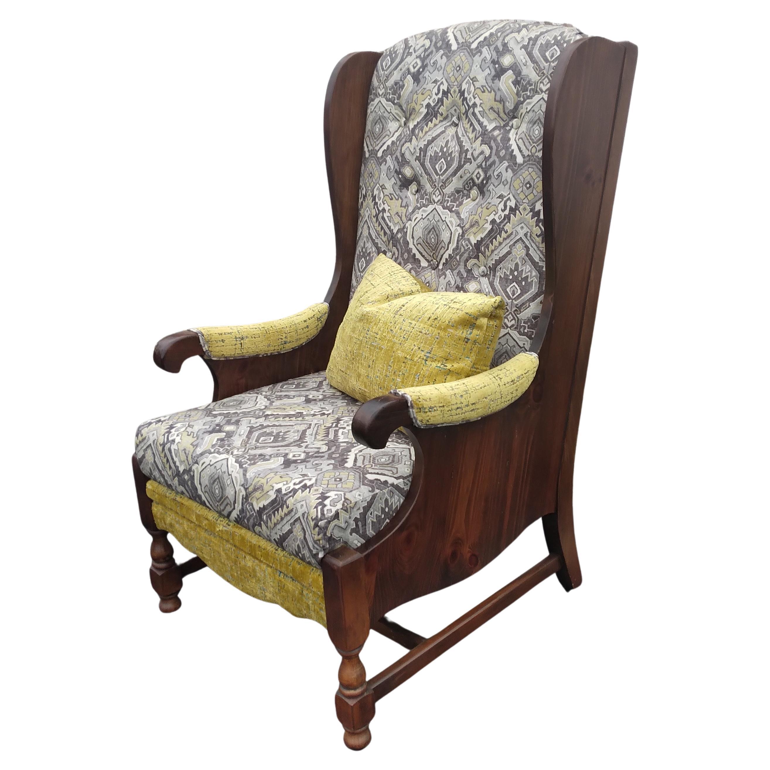 Vintage Wood-Framed Wingback Chair in Gray & Yellow For Sale