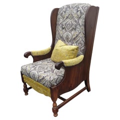 Vintage Wood-Framed Wingback Chair in Gray & Yellow
