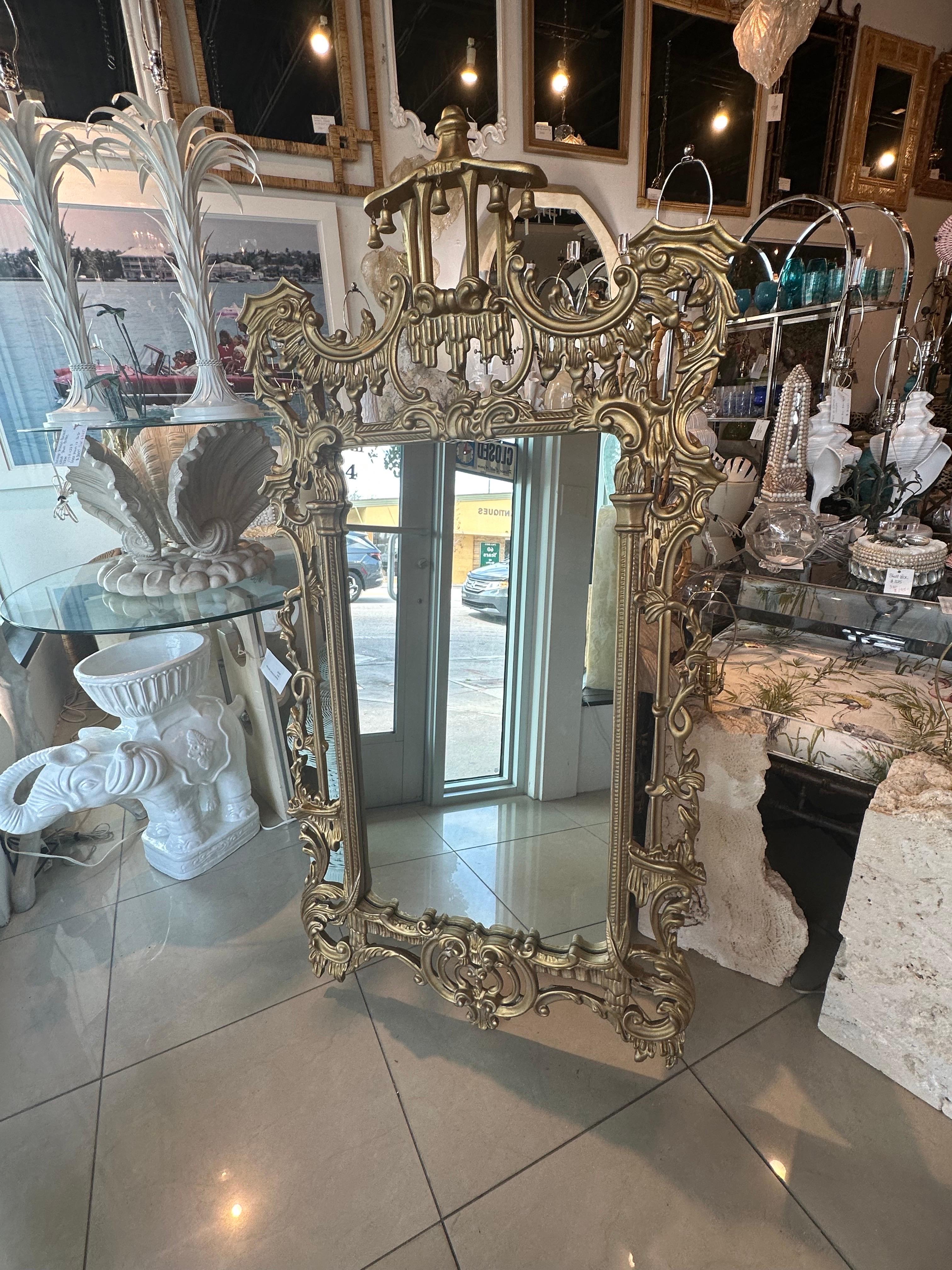 Vintage Wood Gold Gilt Italian Carved Pagoda Bells Wall Mirror Chinoiserie For Sale 7