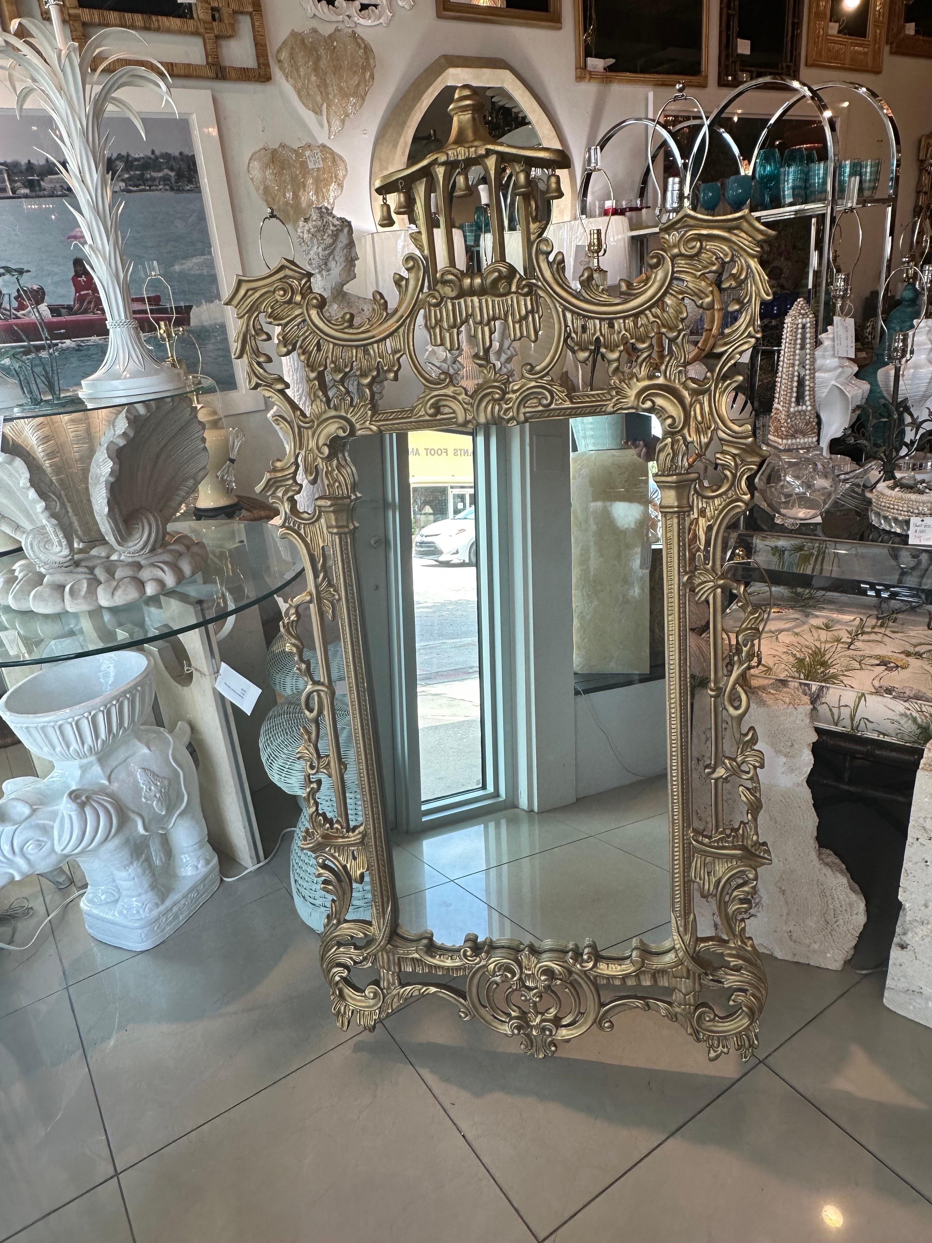 Vintage Wood Gold Gilt Italian Carved Pagoda Bells Wall Mirror Chinoiserie For Sale 8
