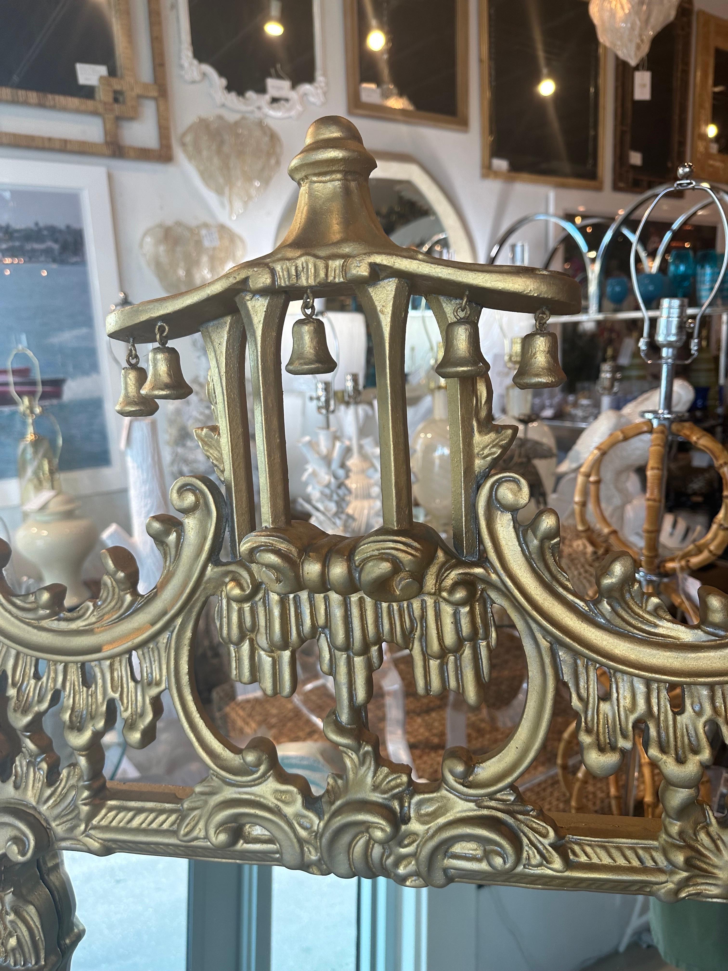 Vintage Wood Gold Gilt Italian Carved Pagoda Bells Wall Mirror Chinoiserie For Sale 9