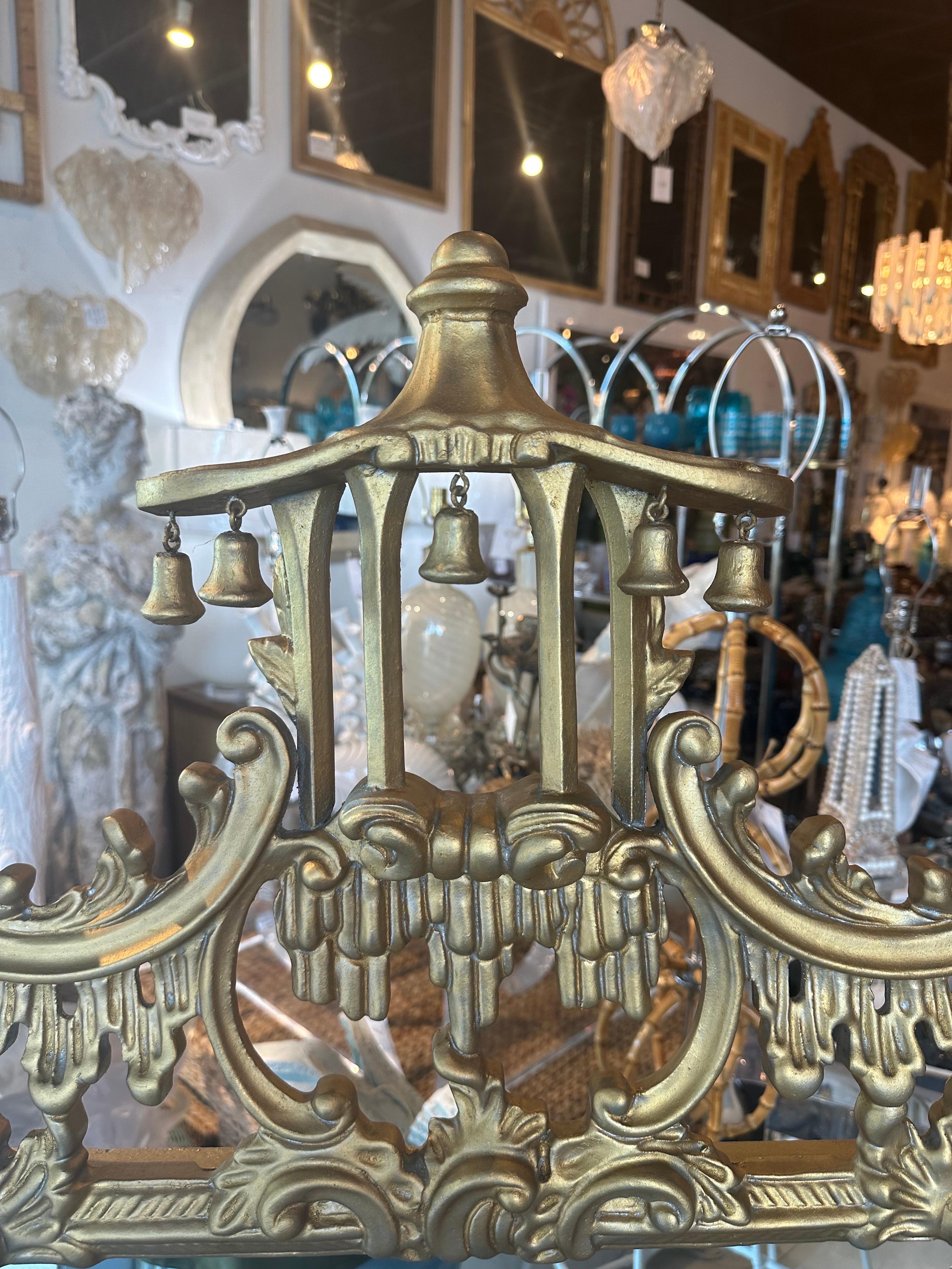 Mid-20th Century Vintage Wood Gold Gilt Italian Carved Pagoda Bells Wall Mirror Chinoiserie For Sale