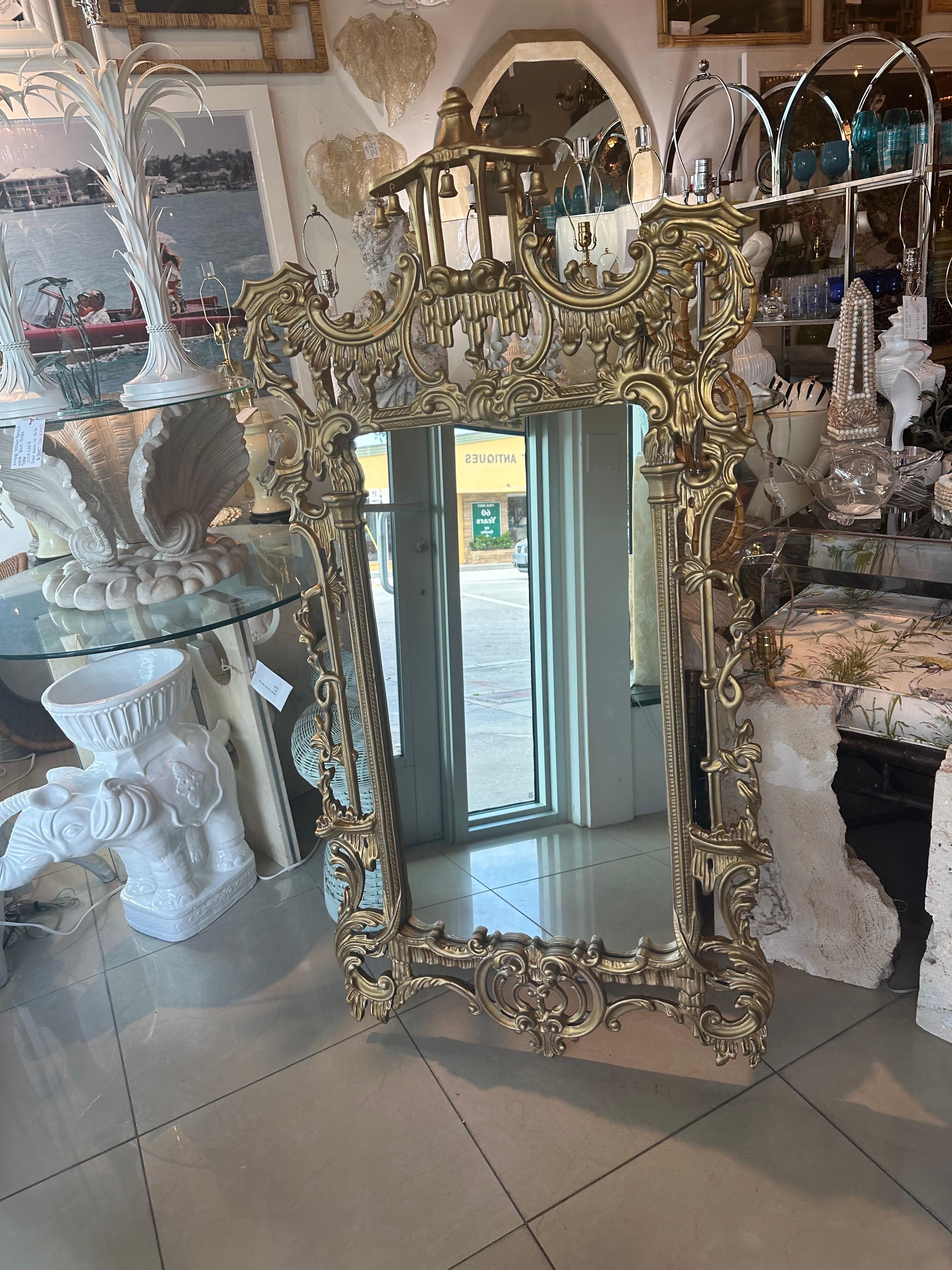 Vintage Wood Gold Gilt Italian Carved Pagoda Bells Wall Mirror Chinoiserie For Sale 1