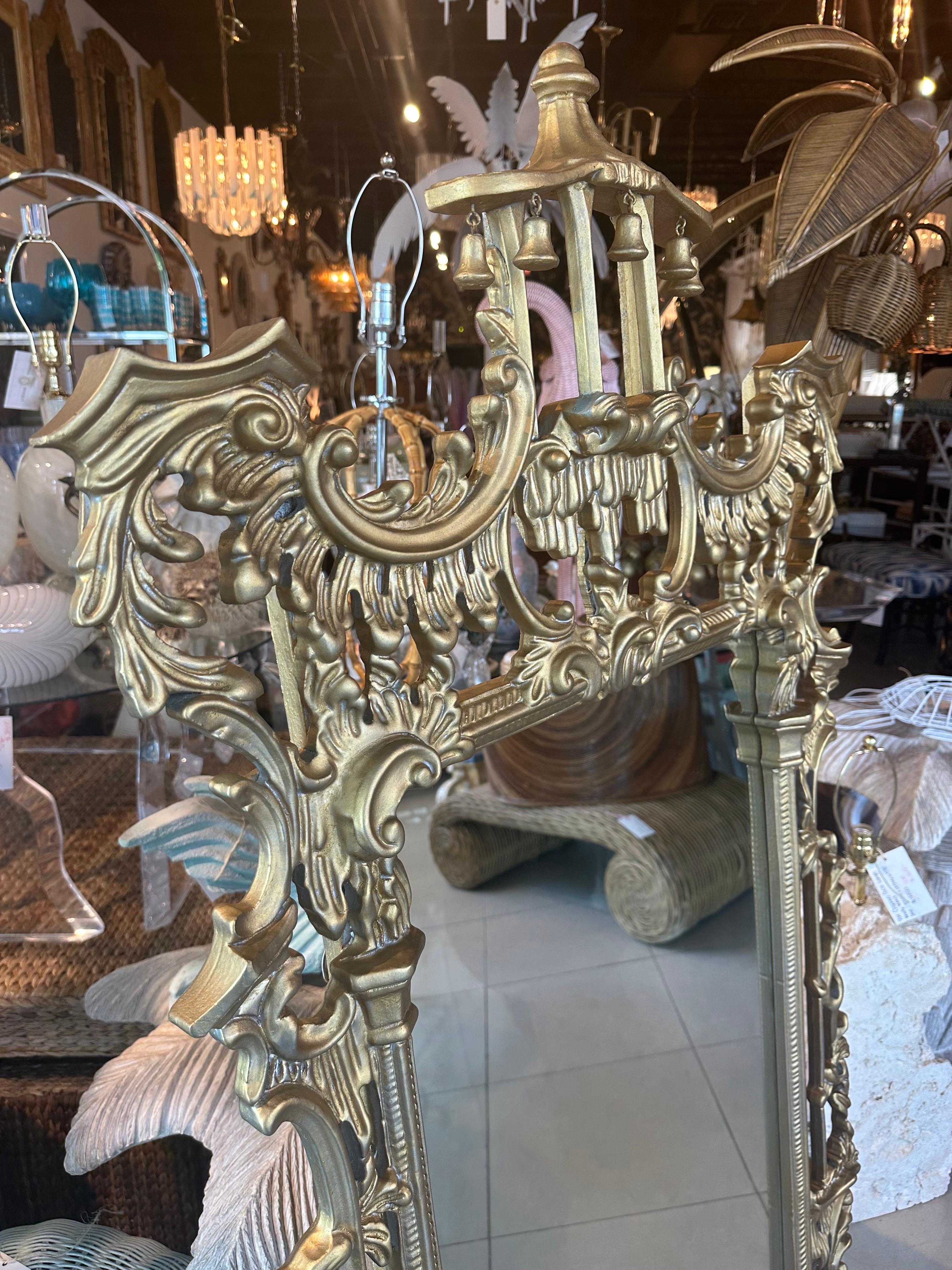 Vintage Wood Gold Gilt Italian Carved Pagoda Bells Wall Mirror Chinoiserie For Sale 2