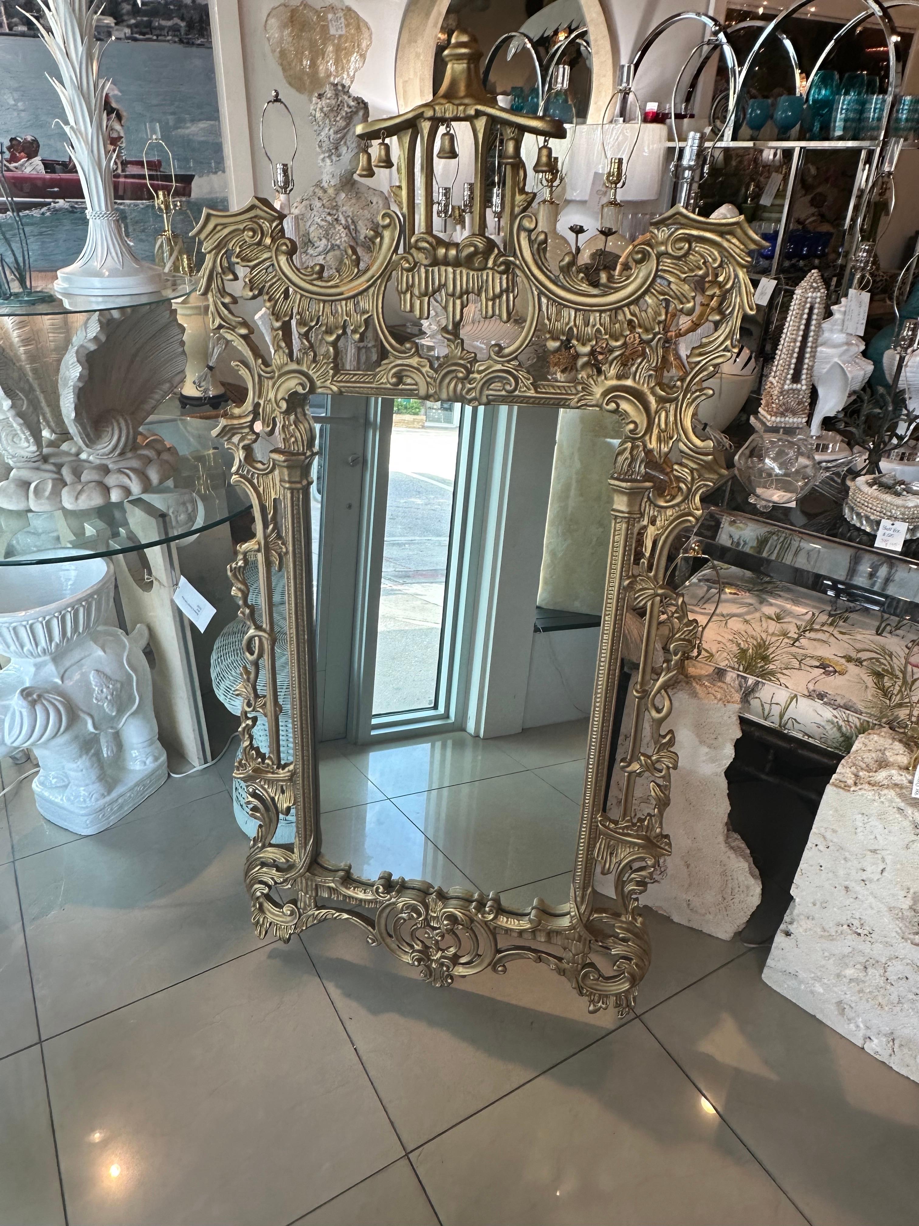 Vintage Wood Gold Gilt Italian Carved Pagoda Bells Wall Mirror Chinoiserie For Sale 3