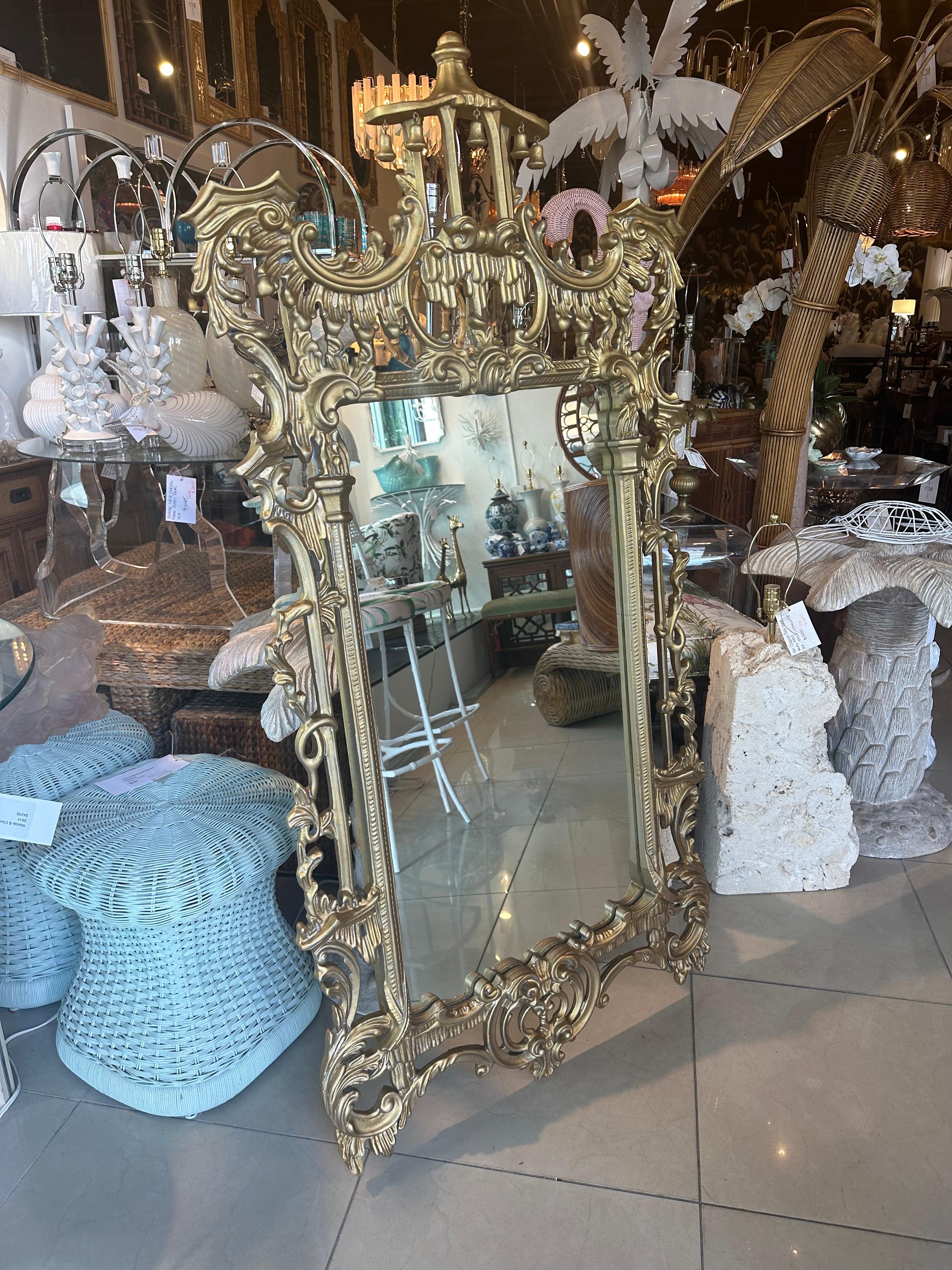 Vintage Wood Gold Gilt Italian Carved Pagoda Bells Wall Mirror Chinoiserie For Sale 4