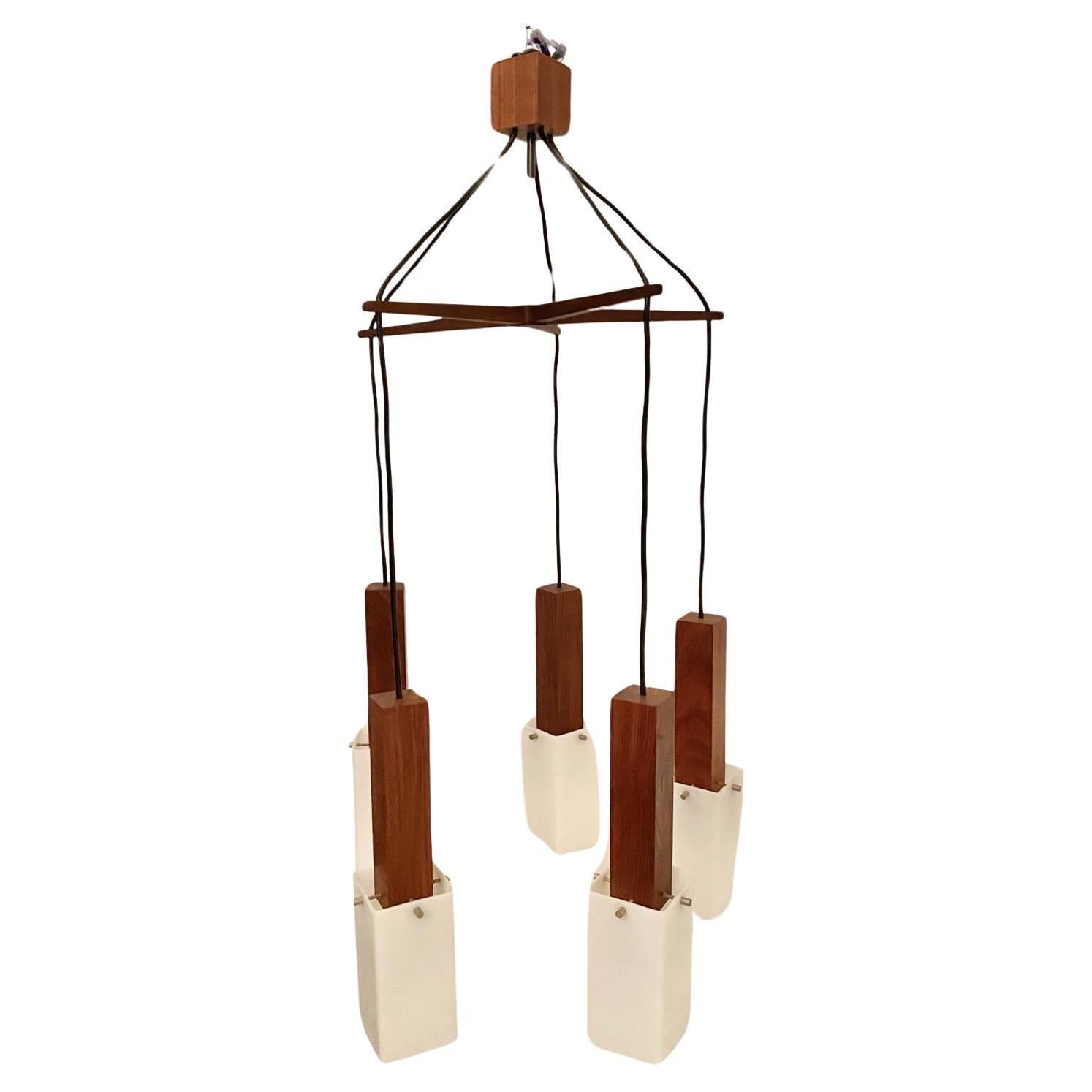 Vintage Wood Hanging Chandelier, Guzzini Italy, 1960 's For Sale 5