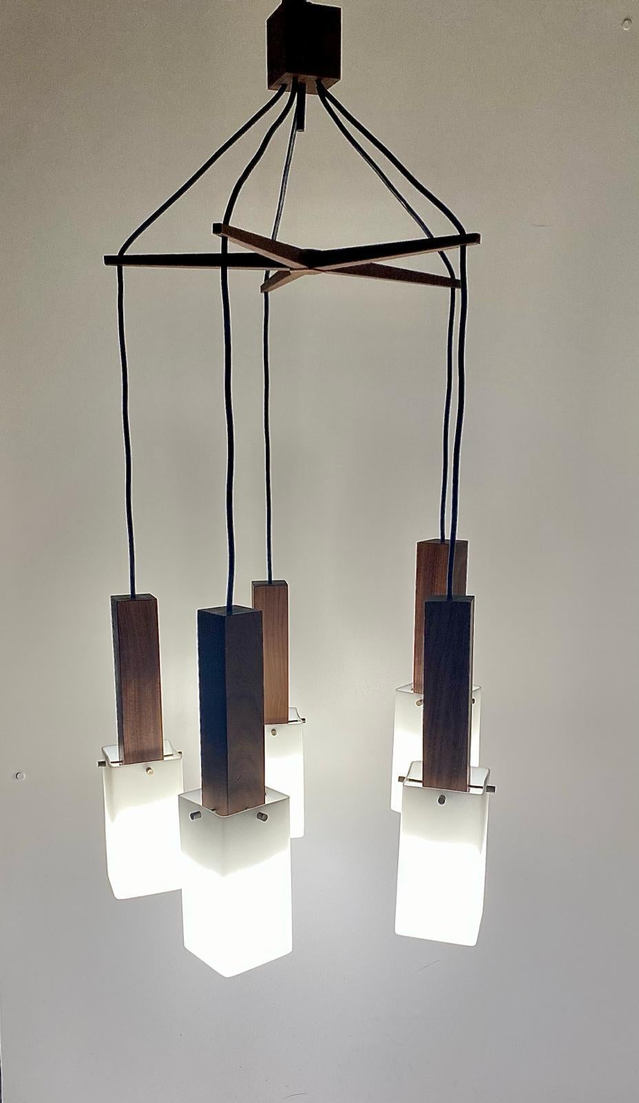 Vintage Wood Hanging Chandelier, Guzzini Italy, 1960 's For Sale 7