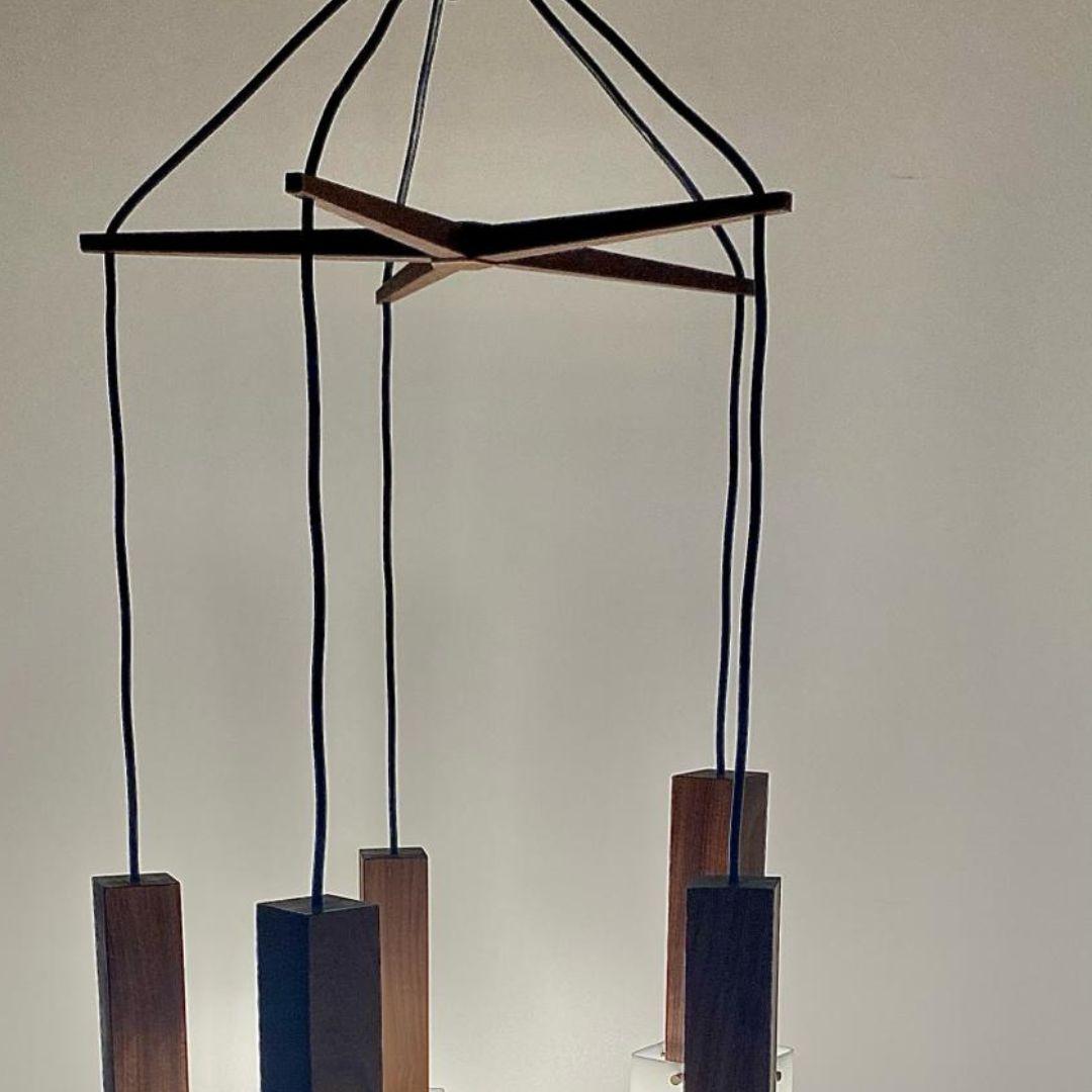 Vintage Wood Hanging Chandelier, Guzzini Italy, 1960 's For Sale 7