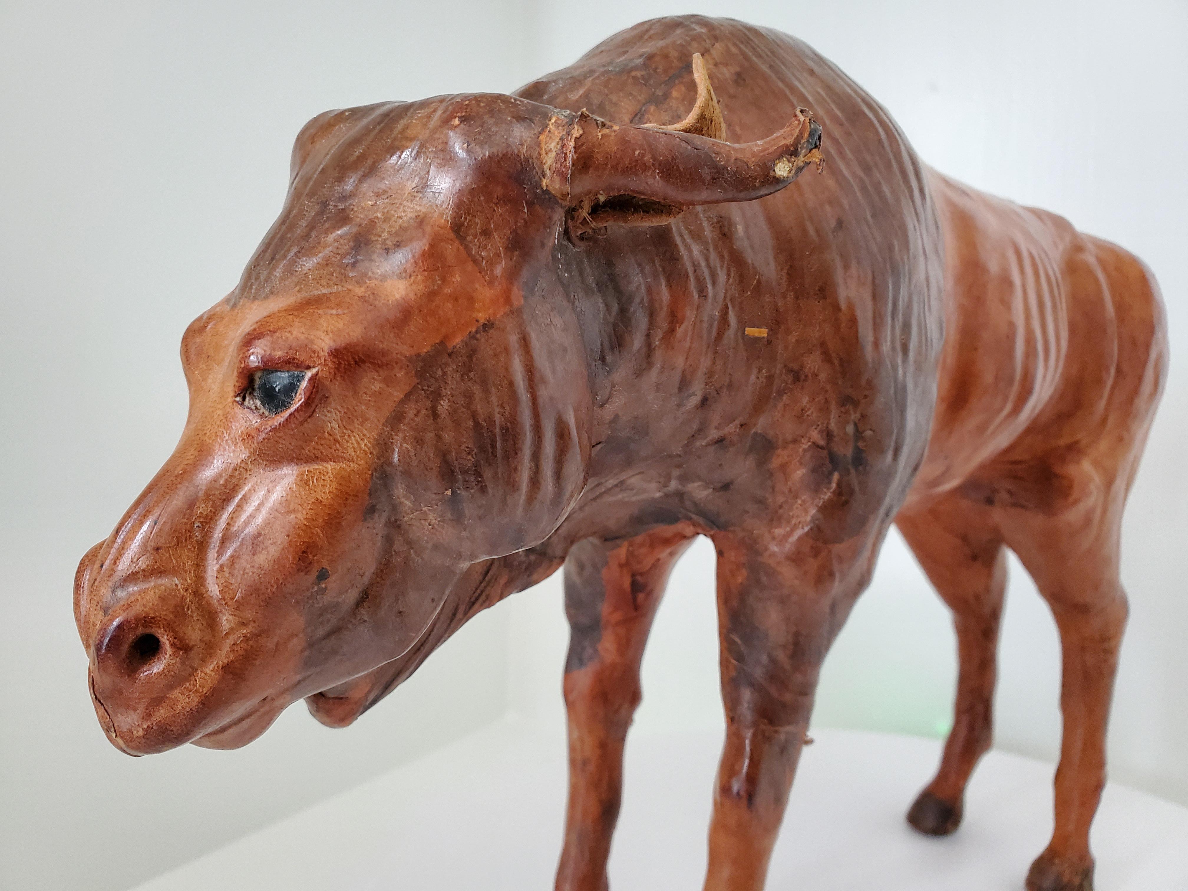 Woodwork Vintage Sculpture - Wood and Leather Wildebeest Likely from Liberty's London For Sale