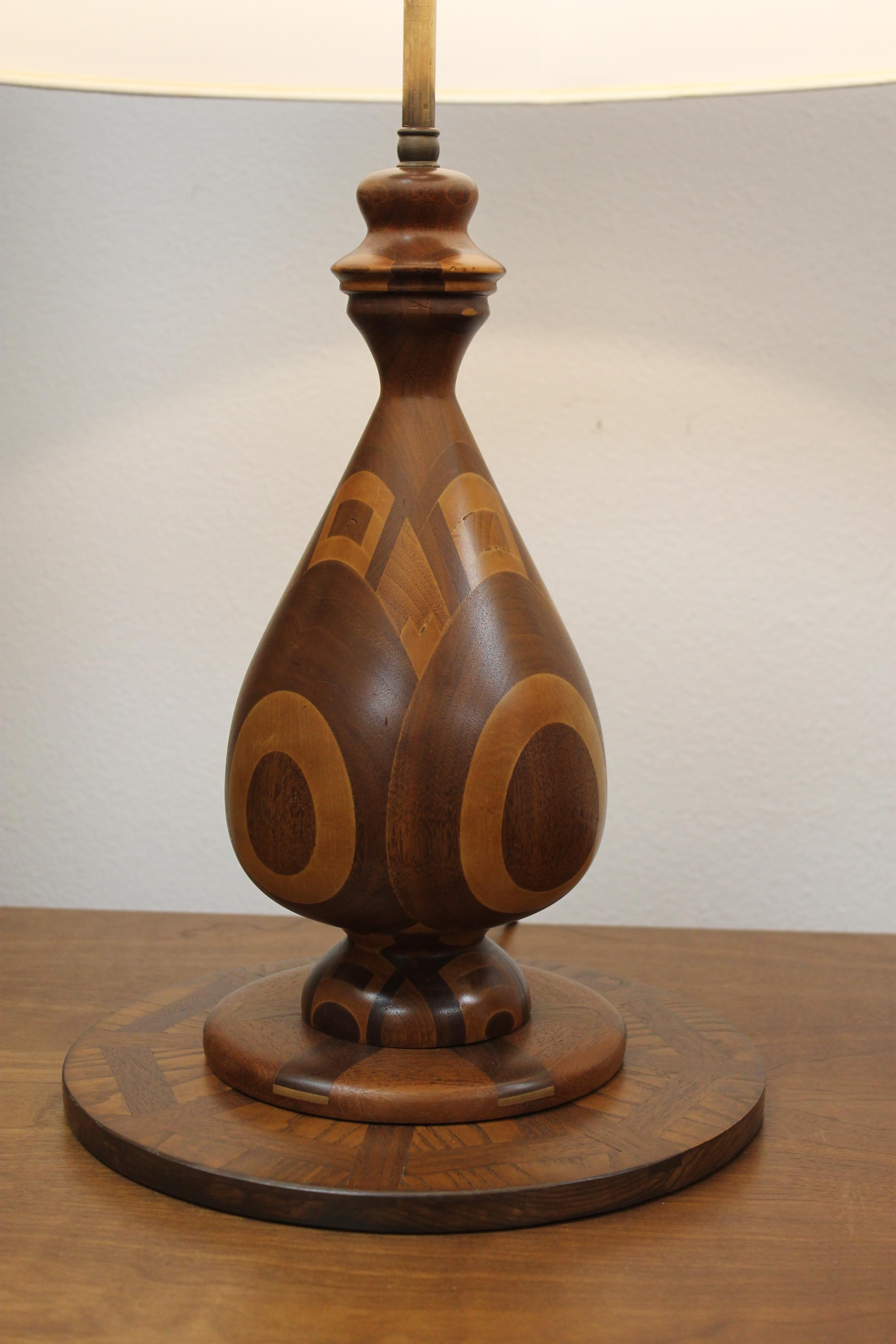 Folk Art Vintage Wood Marquetry Lamp For Sale