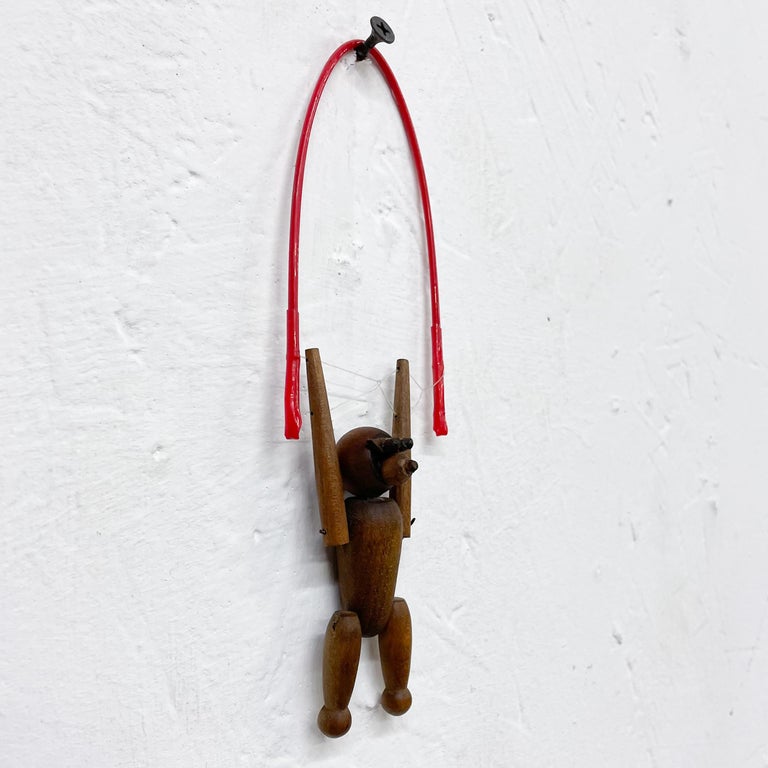 Vintage Wood Monkey on Red Balance Rope Hanging Toy Kay Bojesen Denmark 1960s In Good Condition For Sale In National City, CA