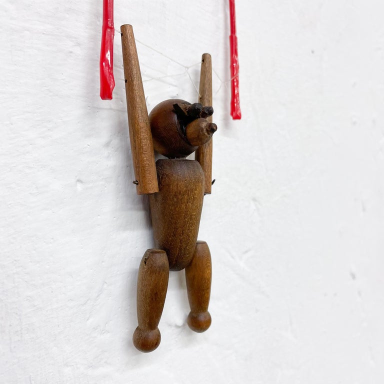 Mid-20th Century Vintage Wood Monkey on Red Balance Rope Hanging Toy Kay Bojesen Denmark 1960s For Sale