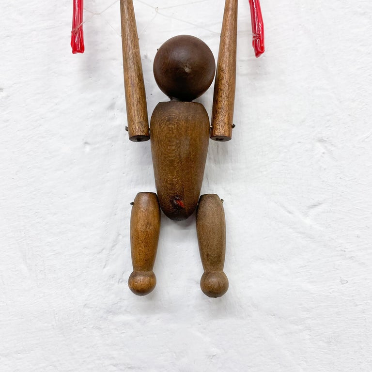 Plastic Vintage Wood Monkey on Red Balance Rope Hanging Toy Kay Bojesen Denmark 1960s For Sale