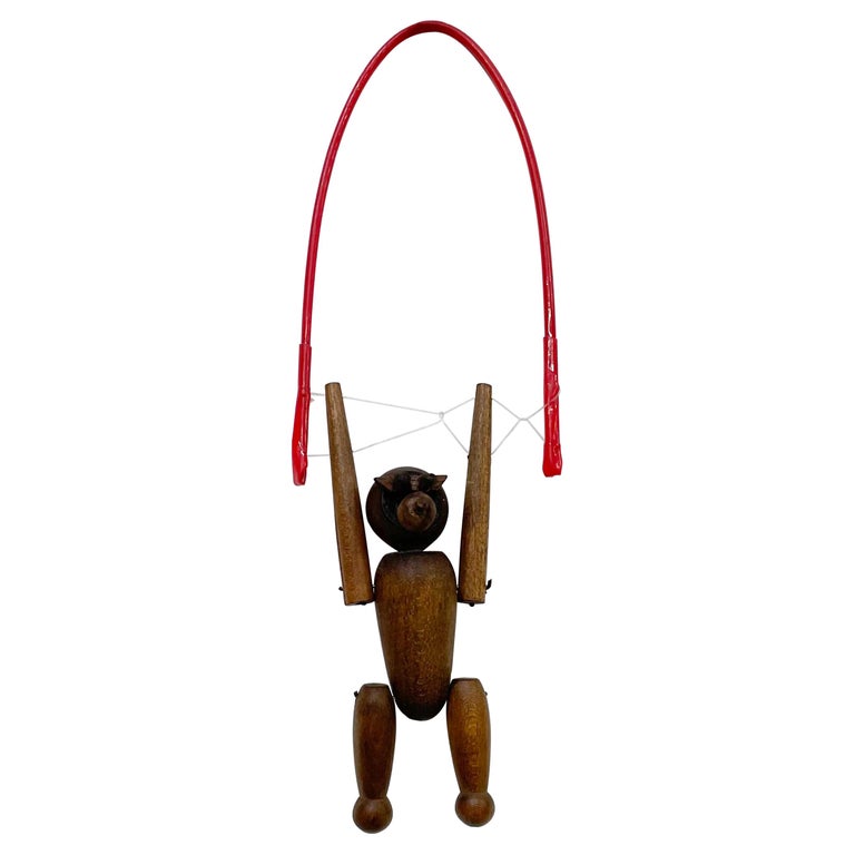 Vintage Wood Monkey on Red Balance Rope Hanging Toy Kay Bojesen Denmark 1960s For Sale