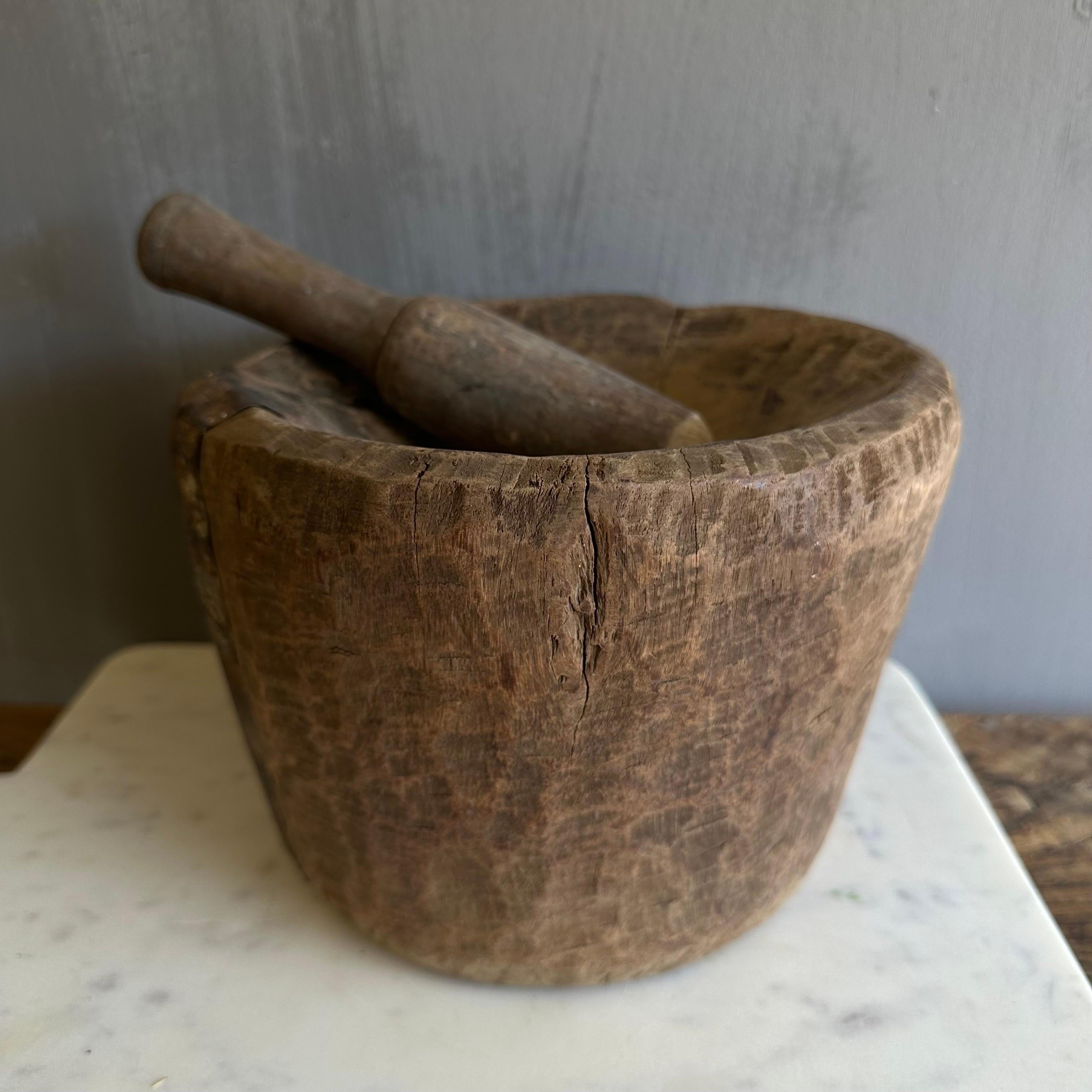 Vintage Wood Mortar and Pestle Bowl In Good Condition In Brea, CA
