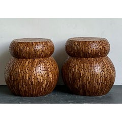 Vintage Wood Mosaic Low Stools - A Pair