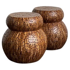 Vintage Wood Mosaic Low Stools - A Pair