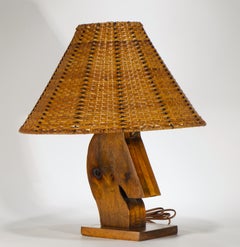 Vintage Wood & Rattan Horse Head Table Lamp, 1940s-1950s