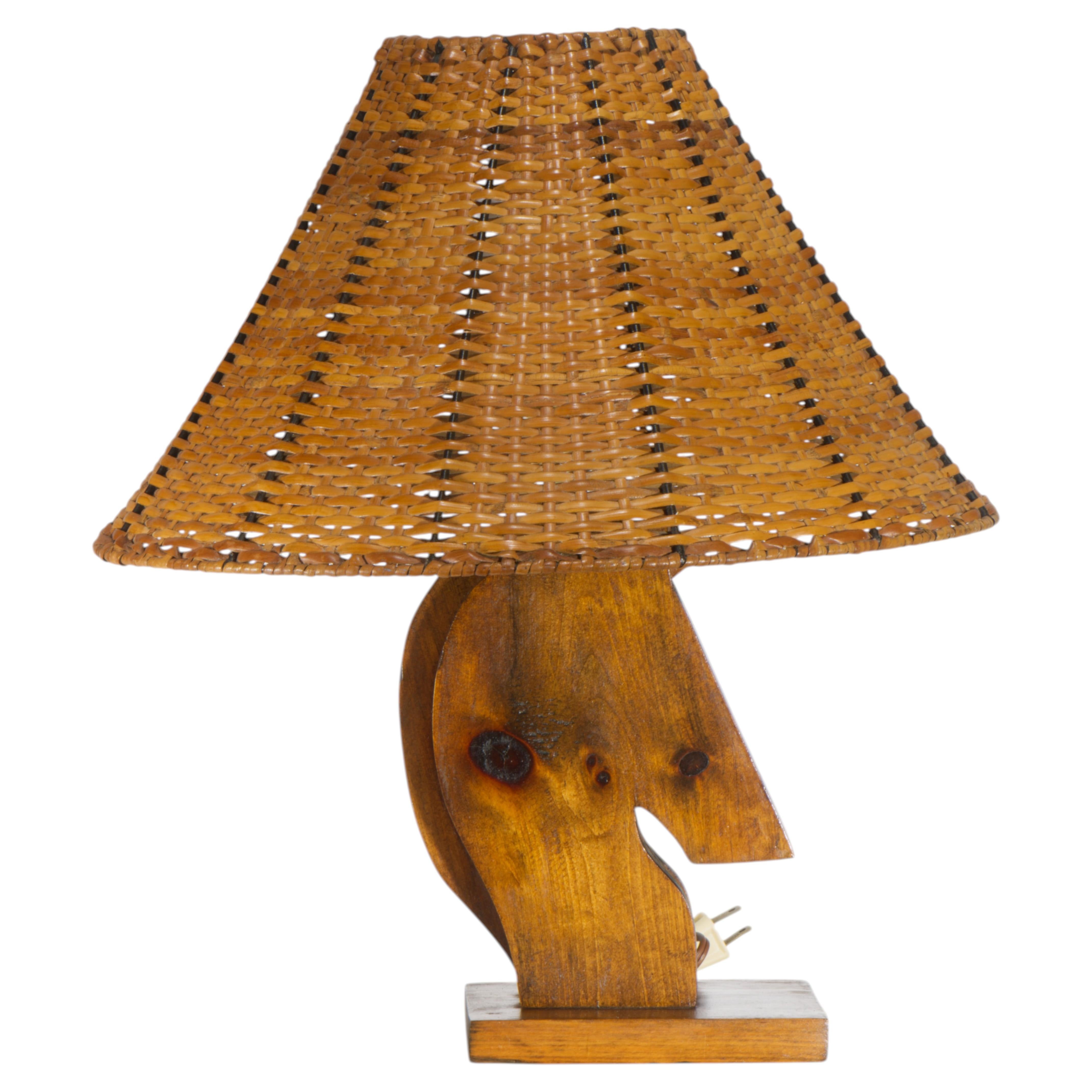 Vintage Wood & Rattan Horse Head Table Lamp, 1940s-1950s