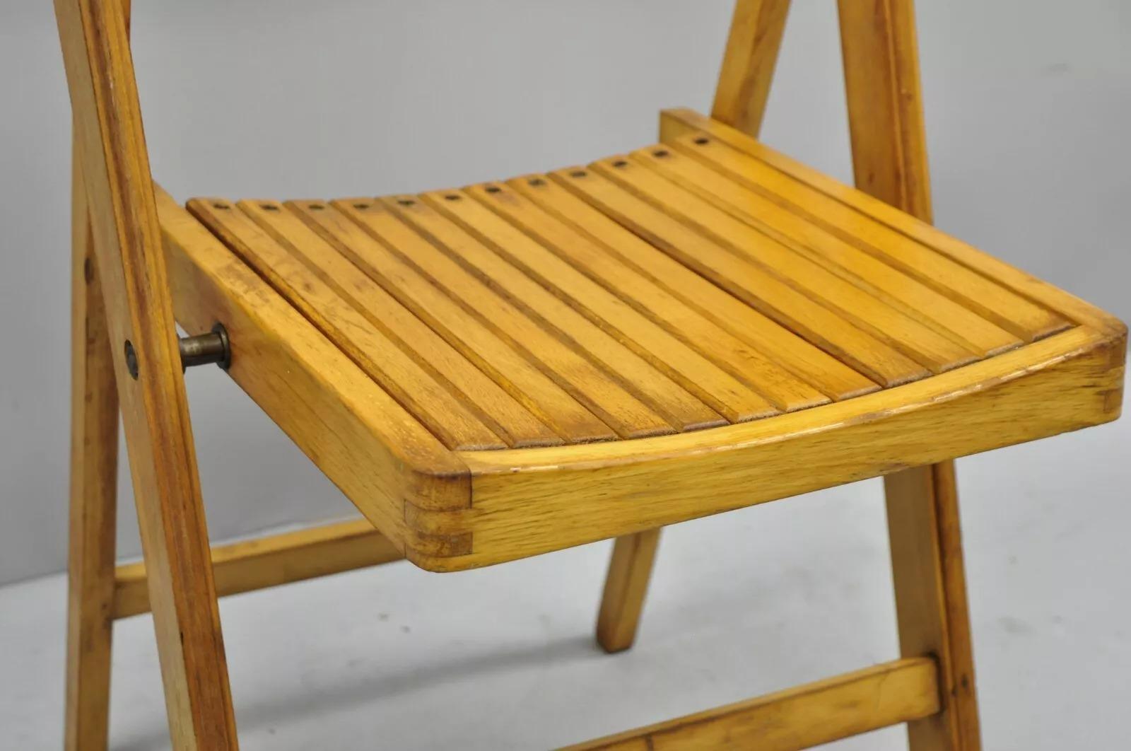 Brass Vintage Wood Slat Seat Mid Century Modern Folding Dining Game Chair For Sale