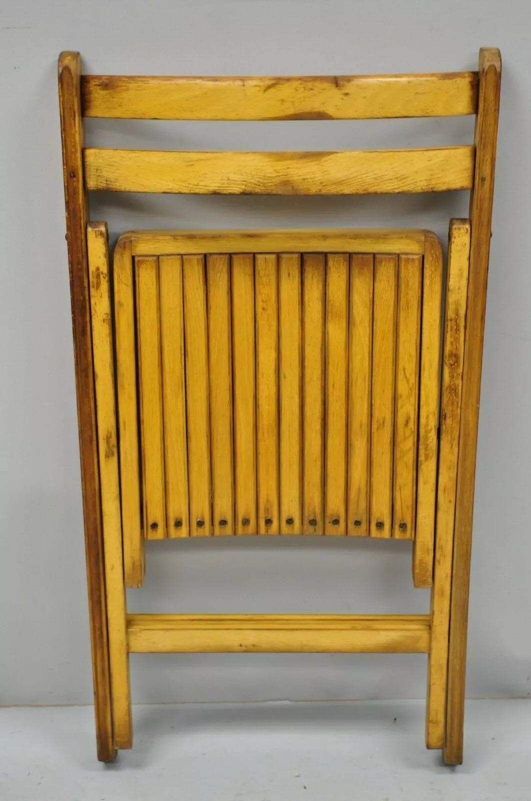 Vintage Wood Slat Seat Mid Century Modern Folding Dining Game Chair For Sale 1