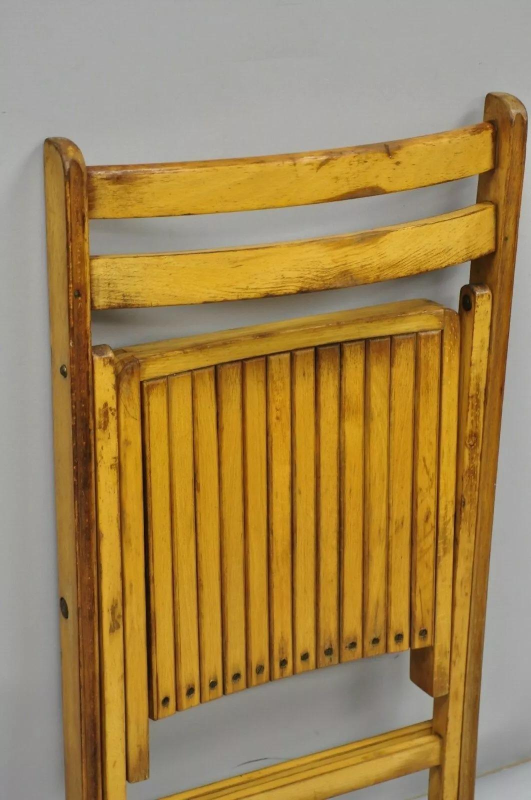 Vintage Wood Slat Seat Mid Century Modern Folding Dining Game Chair For Sale 2