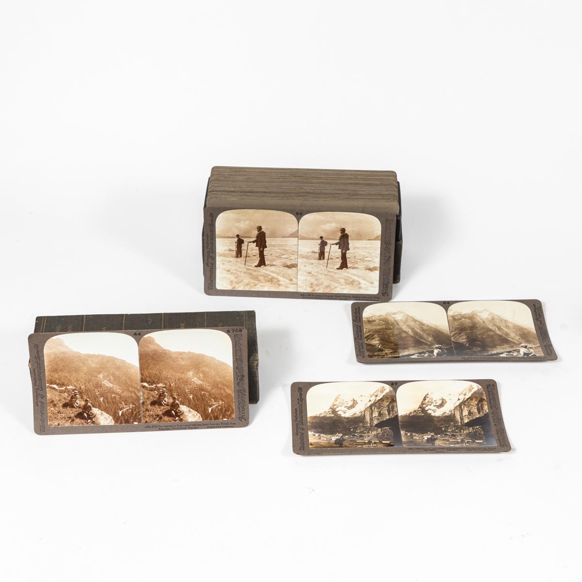 Glass Vintage Wood Stereoscope with Sepia Toned Cards from Late 19th Century, England For Sale