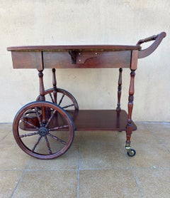 Vintage Wood Tea & Bar Cart with Drop-Leaf Sides and Bottle Holder, 1940s
