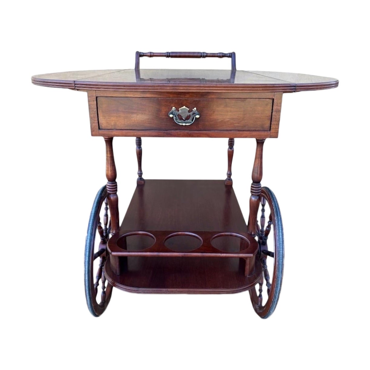 Carro de Madera Vintage para Té y Bar con Laterales de Hoja Caída y Portabotellas, Década de 1940