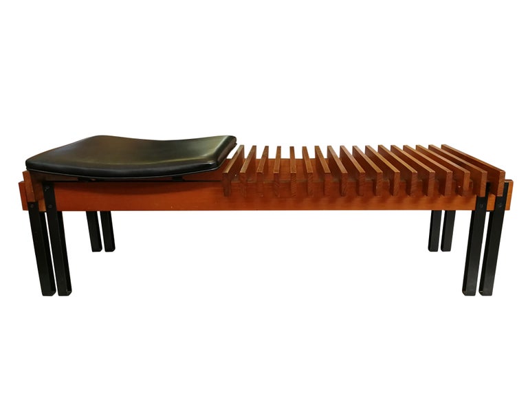 Vintage Wood Teak Bench in Lacquered Metal, Italian Production, 1960s In Good Condition For Sale In Roma, IT