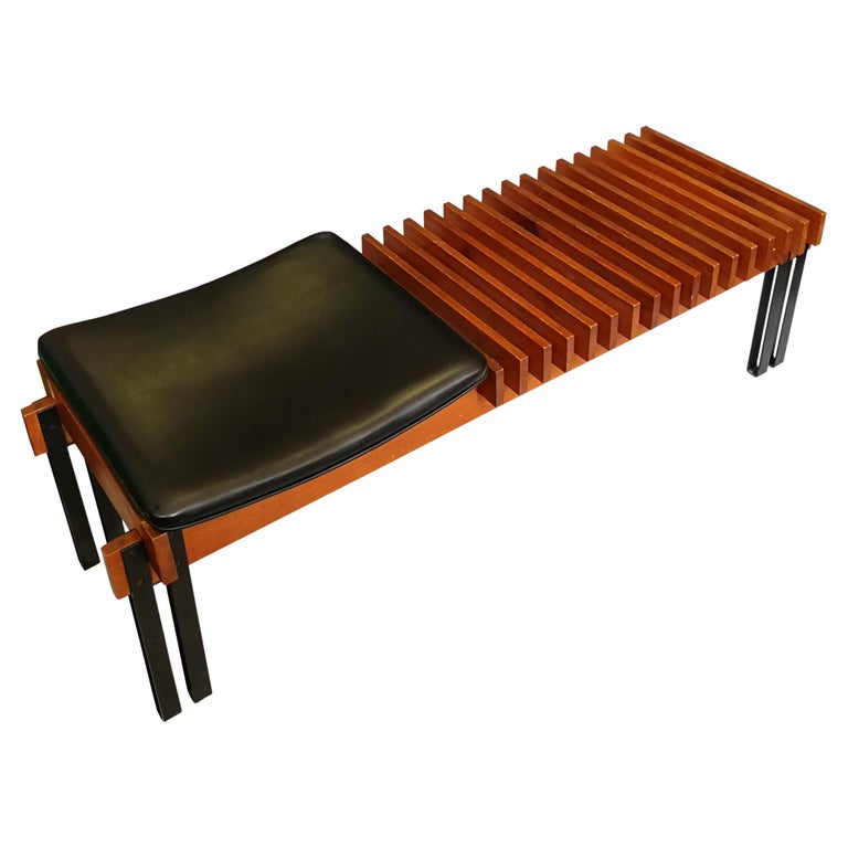 Vintage Wood Teak Bench in Lacquered Metal, Italian Production, 1960s For Sale