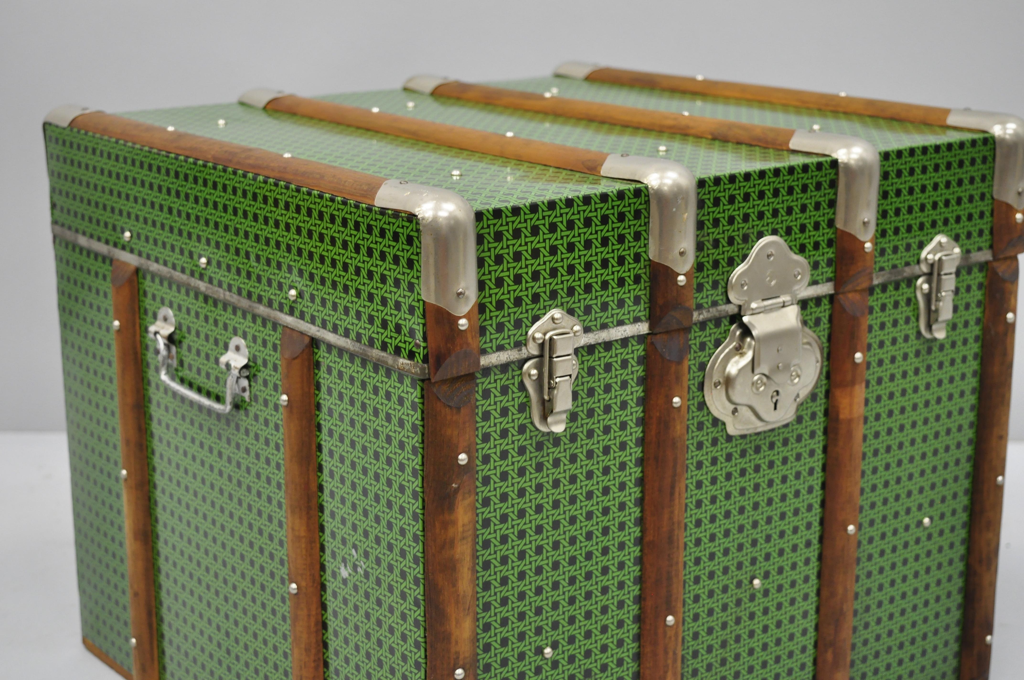Vintage Wood Tin Metal Wrapped Green Faux Cane Rattan Wicker Chest Trunk Box 1