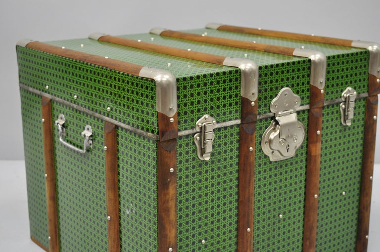 Vintage Wood Tin Metal Wrapped Green Faux Cane Rattan Wicker Chest ...