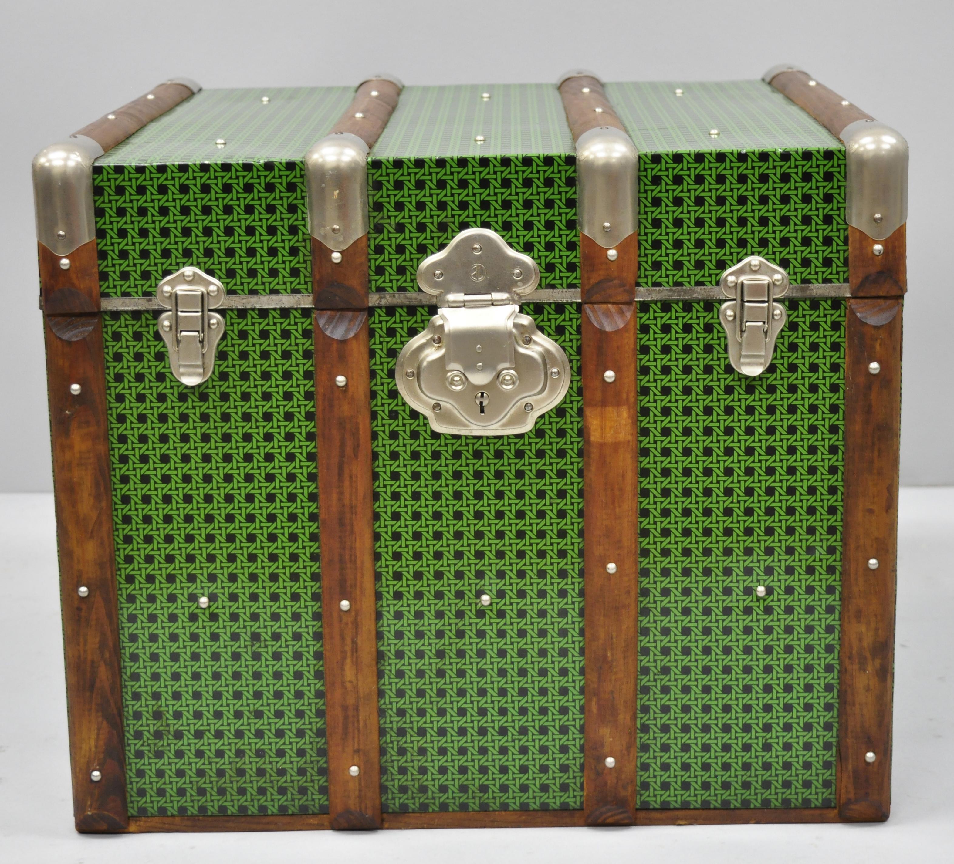 Vintage wood tin metal wrapped green faux cane rattan wicker chest trunk box. Item features green 