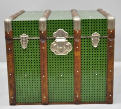 Vintage Wood Tin Metal Wrapped Green Faux Cane Rattan Wicker Chest Trunk Box