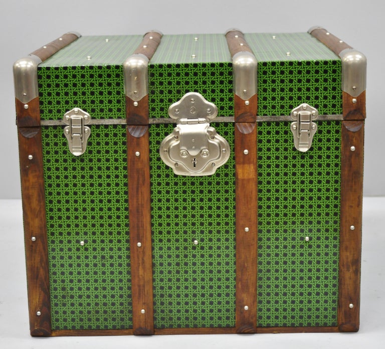 Vintage Wood Tin Metal Wrapped Green Faux Cane Rattan Wicker Chest ...