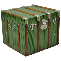 Vintage Wood Tin Metal Wrapped Green Faux Cane Rattan Wicker Chest Trunk Box
