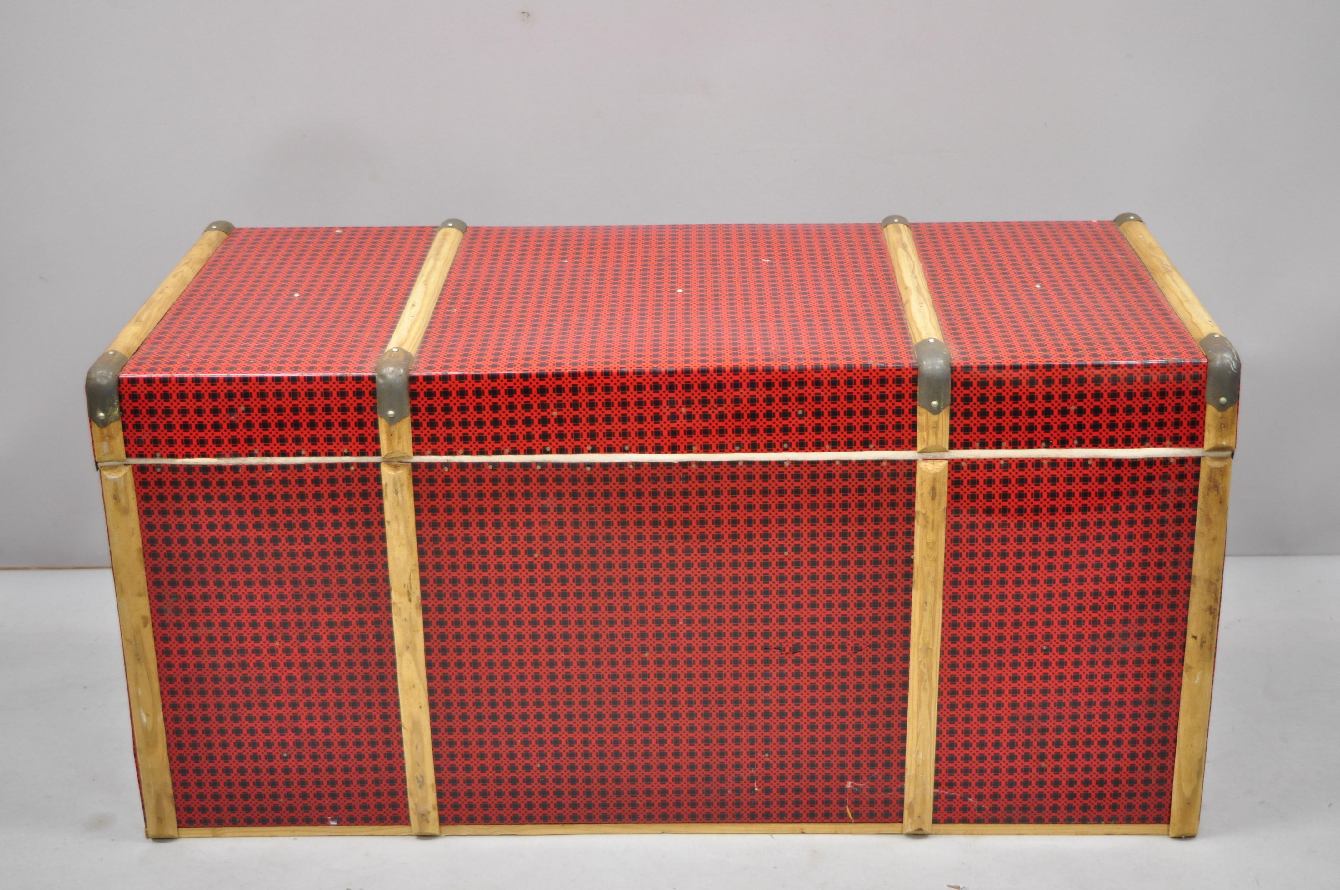 Vintage Wood Tin Metal Wrapped Red Faux Cane Wicker Chest Trunk Box For Sale 1