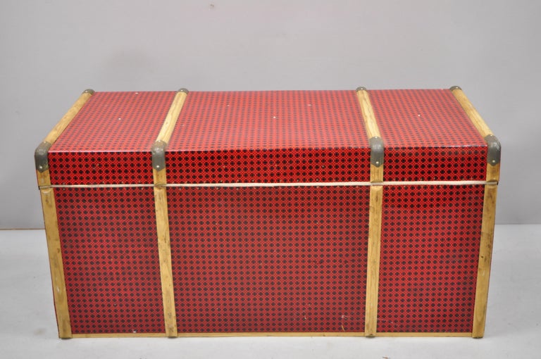 Vintage Wood Tin Metal Wrapped Red Faux Cane Wicker Chest Trunk Box For