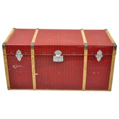 Vintage Wood Tin Metal Wrapped Red Faux Cane Wicker Chest Trunk Box