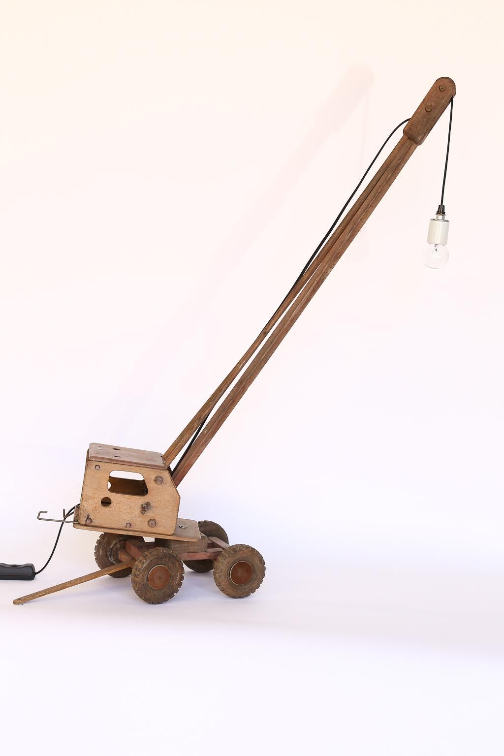 20th Century Vintage Wood Toy Crane Repurposed as a Table Lamp
