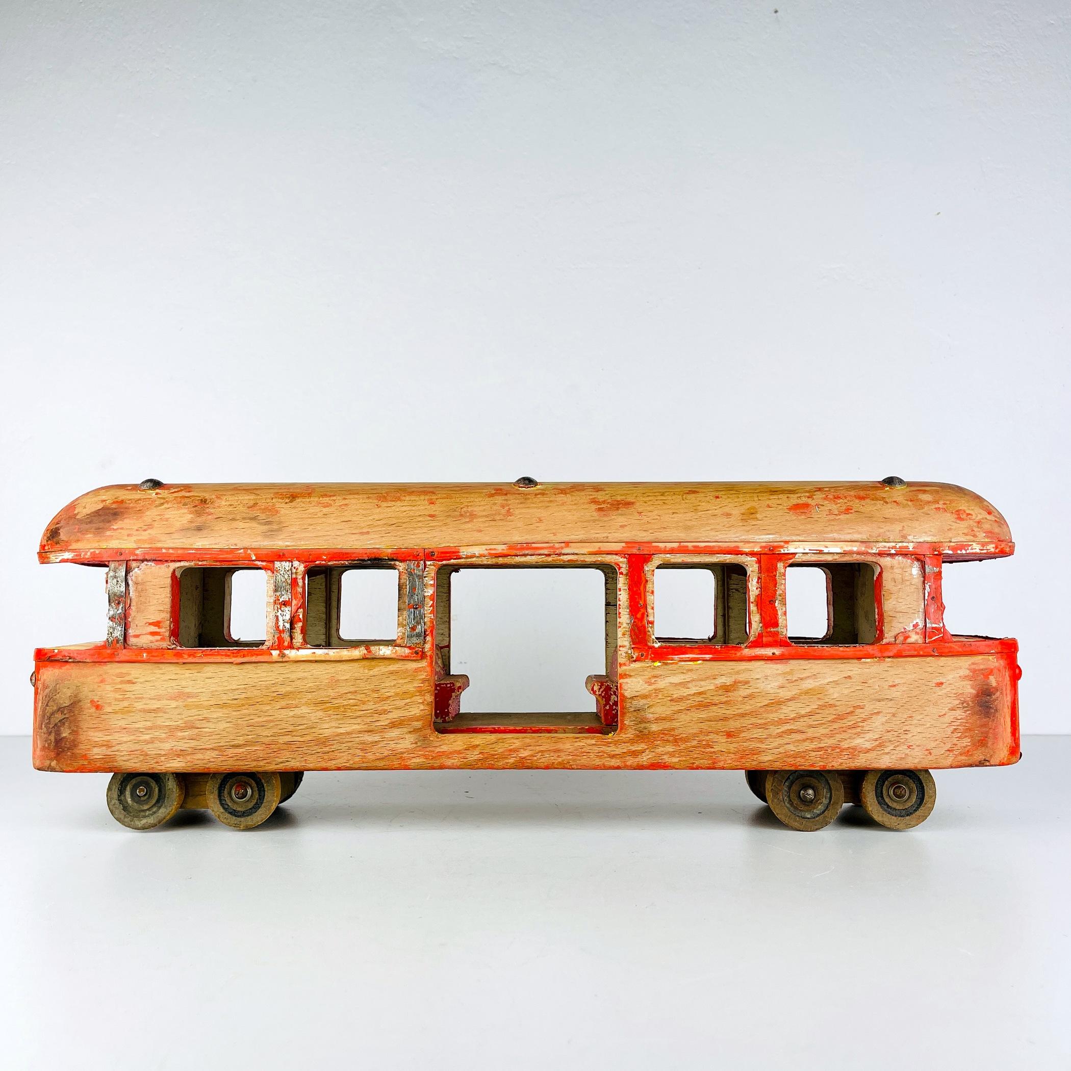 Vintage Wooden Toy Railway Carriage from Italy, 1950s - Large Decorative Piece with Partially Preserved Original Paint Step into the past with this incredible piece of history - a vintage wooden toy railway carriage from Italy, dating back to the