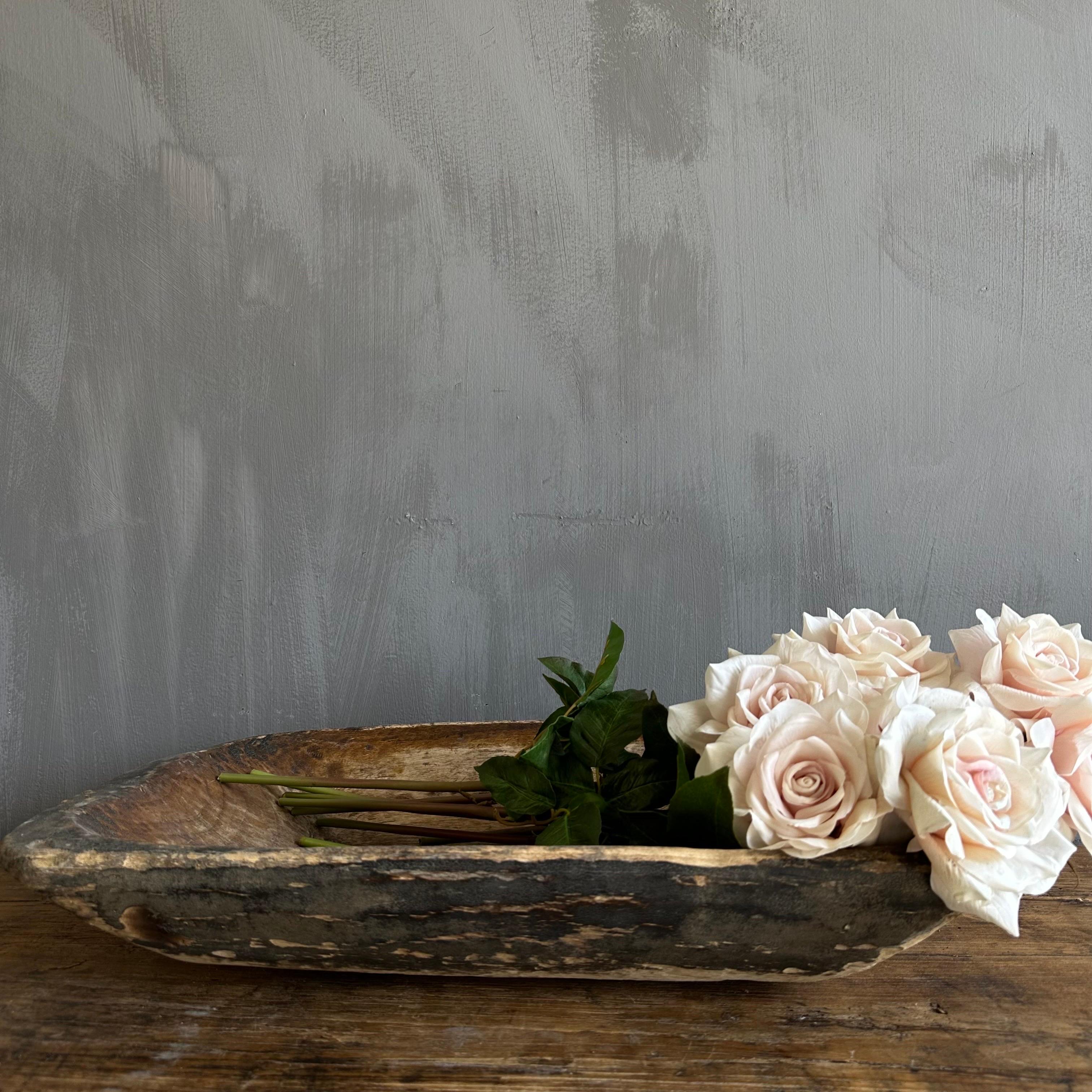 Vintage Wood Trough Decorative Bowl
A beautiful wood trough with a natural patina. Can be used on a dining table or server for decoration.
Wood is natural with patina. Some troughs will have decorative metal on or around the bowl, please view the