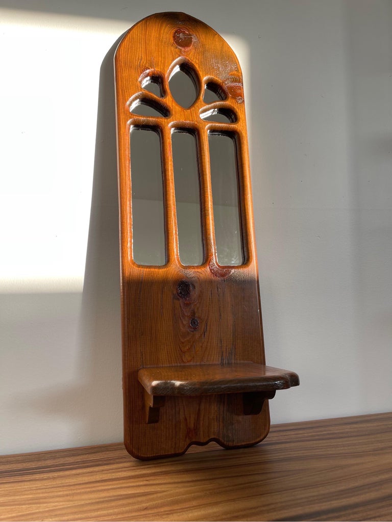 Vintage Wood Wall Mirror with Shelf For Sale at 1stDibs